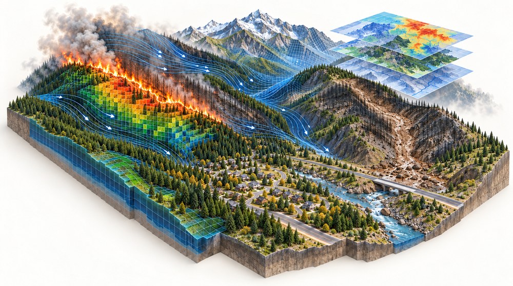 Isometric illustration of a wildfire spreading across forested terrain, with downscaled wind fields and modeled hazard layers above it and a post-fire debris flow reaching a road below