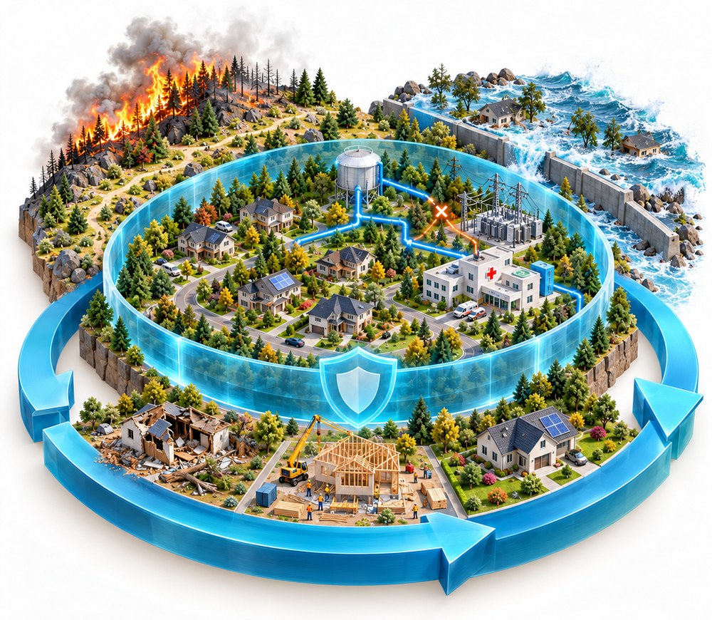 Isometric illustration of the disaster cycle around a community: wildfire at the wildland urban interface, protected infrastructure, damaged homes, and rebuilding