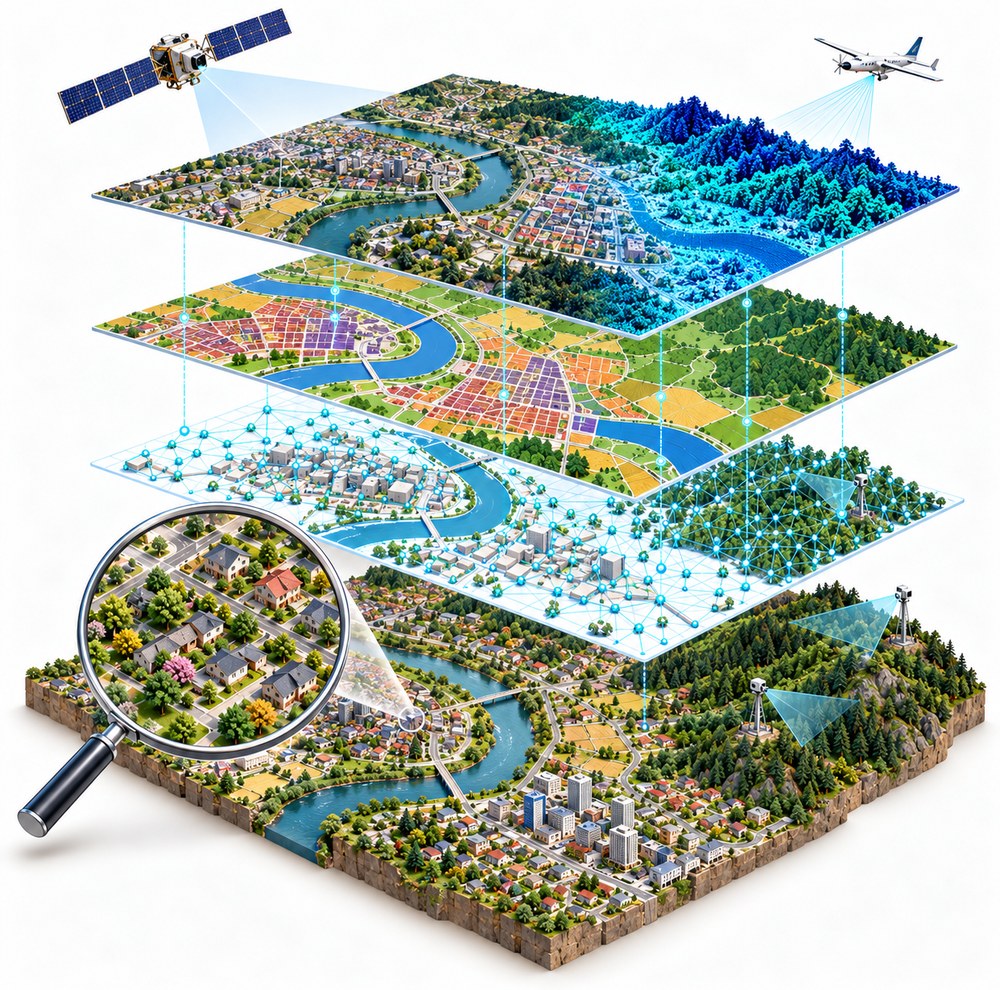 Isometric illustration of stacked earth observation layers over a landscape, sensed by satellite and aircraft, with a magnifier resolving fine detail